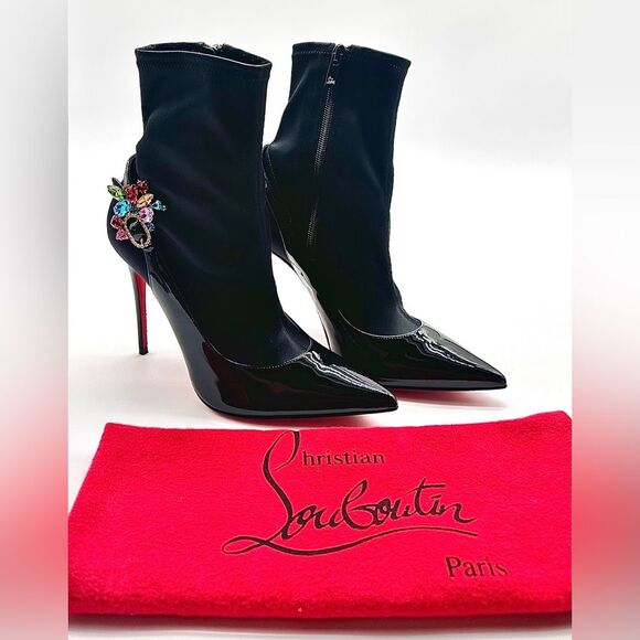 Christian Louboutin Jessie Booty Joli 100 Black Patent Satin Ankle EU 37.5 - Picture 2 of 14